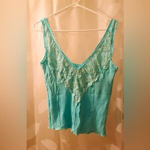 Rebecca beeson2 light turquoise tank top with lace for yoga or Summer casual. M